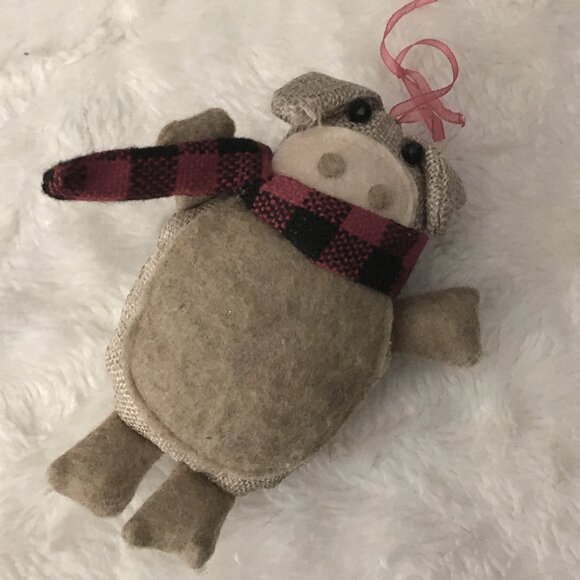 Handmade Felted Wool And Burlap Pig Christmas Ornament - Picture 1 of 7